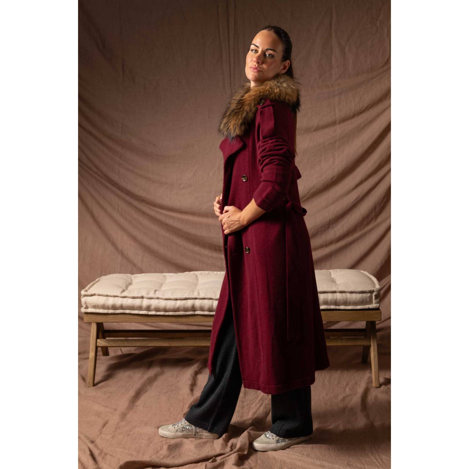 long cashmere trench red wine